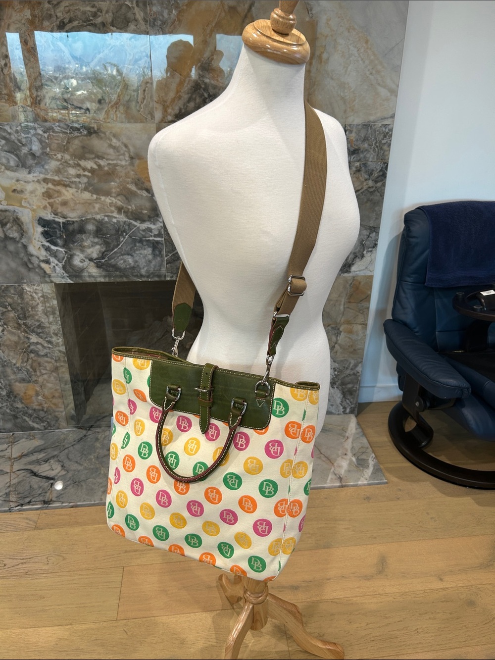 Dooney & Bourke Multicolor Logo Circle Canvas Tote with Olive Leather Trim